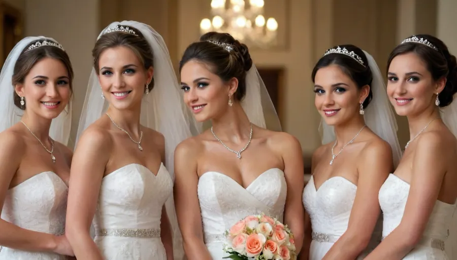 5girls, standing in a row, front view, full portrait, wedding updo, veil, jewelry, necklace, horny smiling, professional photo high quality, highlights, flashes, <lora:real-humans-PublicPrompts:.5>