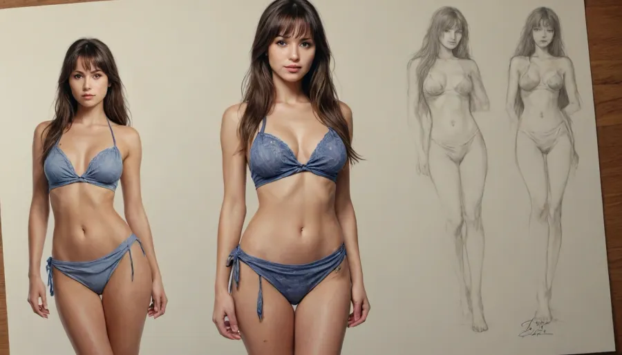 a drawing of a woman, brunette with a fringe, one piece sarong, long hair, cut leg, skin exposure, detailed but rough, sketches, detailed sketch, rough sketch, old sketch, sketch art, detailed penciling, matte sketch, highly detailed sketch, sketches wide angle view, realism