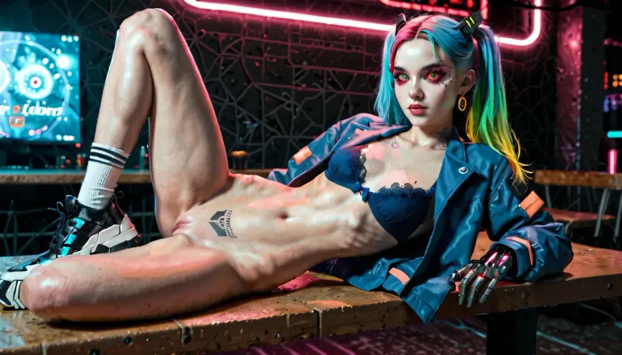 hyper detailed hyper realistic natural petite cutie, 18 years old beautiful model, (very slim), extremely gorgeous, lace stockings, knee socks with frills and ribbons, long very shapely legs, (visible shaved pussy), no panties, legs spread, legs apart, pussy visible, clip, (she is lying down on the table in the nightclub), perfect composition of lights and shadows, warm lights, the brightest image, crystal clear focus, (saturated colours:1.5), (small elastic breasts), small elastic breasts in a bra + T-shirt, (thin waist), ((cyber Glossy black + blue fabric long jacket + sweater)), masterpiece, best quality, (robotic cyber arm), (portrait view + close-up view), dark lighting, rebecca_in_Cyberpunk, aqua, twintails, long, hair, mechanical, eyes, ((red, sclera)), ((green, pupils)), open, jacket, black, bra, ((black, underwear)), neck, tattoo, stomach, leg, bare, legs, oversized, sports, shoes, starry, night, market