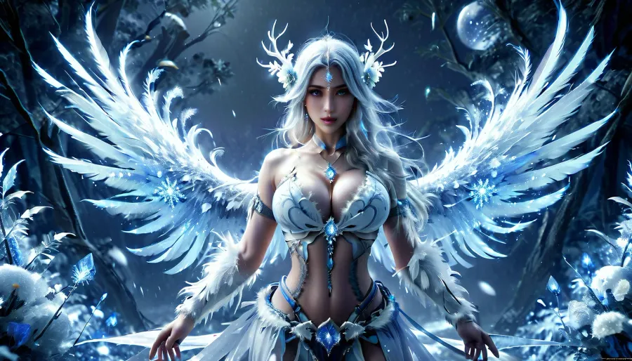 Digital art image, 8K quality, Icy world, night, two moons, winter forest with many different plants made of ice, ((many ice trees)), frozen lake, glowing blue flowers, winter forest, beautiful alien, 35 years old, very moist skin, slim waist, rounded hips, (very beautiful bare breasts, beautiful firm breasts, beautiful big breasts, athletic ass), pale white skin, very long loose white hair, blue lipstick, long slender legs, a woman wearing a short skirt made of large white feathers, a thin belt made of white flower buds, on her chest is a necklace of raw white gems, in her hands she holds a large snowflake, ice animals around, alien animals, front view, body view, <lora:EnvyStarlightPrettyEyes01:.9>, large, breasts, big, boobs, huge, tits, <lora:bombshell_v2:.8>, novuschroma47, style, <lora:novuschroma47 style:.8>, tongue, out, ahegao, drool, <lora:ahegao_mr_chrisma:.8>, wabstyle, <lora:wabstyleSDXL:.8>