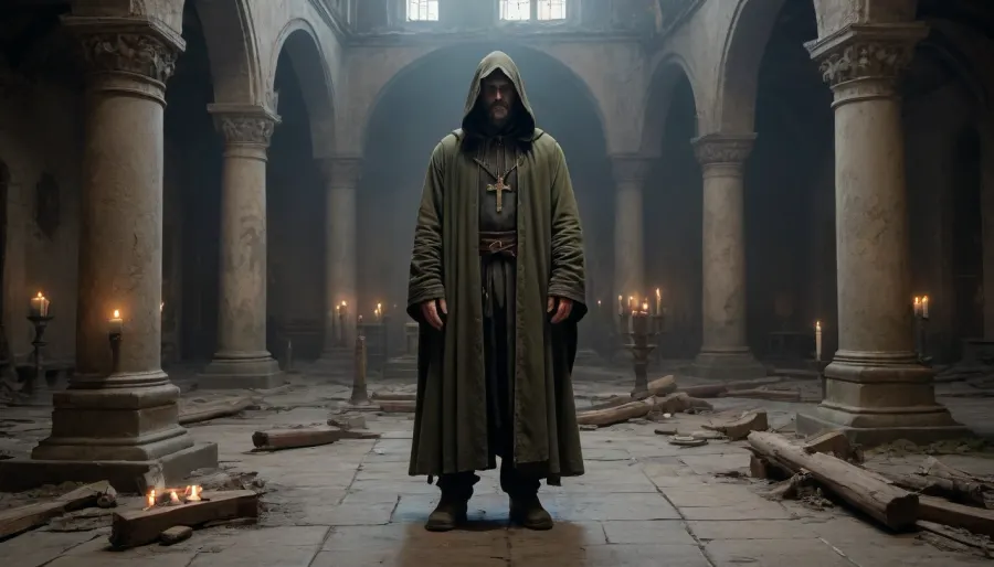 Full-body hyper-realistic portrait of 'Voron' from 'Sin' faction, (S.T.A.L.K.E.R. universe), a tall, gaunt man with pale skin, Woolen cloak with frayed edges, hood partially thrown back, stains of mud and ash? hollow eyes, visible scars, (no beard/mustache), wearing a tattered ankle-length hooded cloak. He stands solemnly in the center of a destroyed Orthodox church — collapsed frescoes, broken iconostasis, fog, Slavic Orthodox architecture with gilded fragments amid ruins, wax from melted candles on stone floor. Dark moody palette, (black, ochre, dark green), . No patches, mutants, or faction symbols. Dozens of candles in rusted candlesticks illuminate his figure and the ruins. Cinematic wide-angle shot, hyper-detailed, 8K, style inspired by STALKER game concept art and 'Blasphemous' aesthetics. Focus on his imposing stance and the cathedral's scale. Standing straight, hands possibly clasped before him or gripping a worn book/artifact, feet half-hidden in fog.