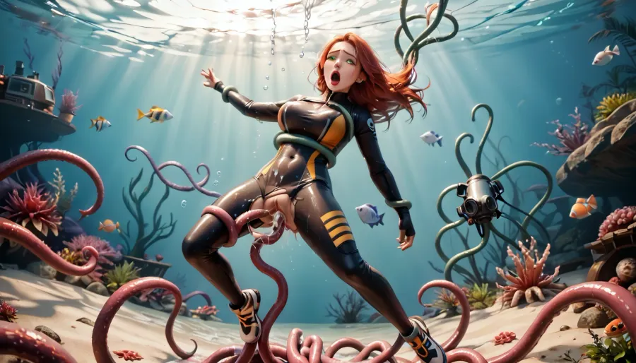 masterpiece, best quality, highly detailed, BREAK, 1girl, human, detailed background, side view, (detailed face and eyes:1.3), (orgasm face:1.2), (eye roll:1.1), (body limp:1.3), full-body view, good anatomy, redhead, long hair, (voluptuous body), deep underwater in the ocean, (30 feet underwater), diving, swimming, scuba diving, (shiny black wetsuit:1.3), (full body wetsuit:1.3), (wetsuit slightly torn), diving mask, diving suit, breathing apparatus, (rebreather:1.3), {{{breathing tube}}}, diving vest, gloves, {{{oxygen tank}}}, mask covering mouth, oxygen mask, (wearing snorkeling goggles on face:1.3), (full-face diving mask:1.2), mouth mask, diving flippers, bubbles, {{{long flippers}}}, beaut, (arms reaching up), (floating horizontally in zero gravity above the seafloor:1.3), (laying on her back:1.2), {shipwreck in background}, (lots of fish), (octopus is floating above the seafloor:1.2), ((tentacle monster having sex)), ((arms and legs wrapped by octopus tentacles)), (riding on top of monster's octopus tentacle, vaginal and anal penetration, extremely wide octopus tentacle too big for girl and stretches pussy to breaking point, (lifted in mid-air by octopus tentacle inside her pussy), (octopus tentacle penetrates her wetsuit and pussy and anus), (double penetration:1.2), very many octopus tentacles wrap and coil around her breasts, arms, legs, hip, ankles, tentacles caressing and groping her body, (octopus tentacles undressing girl:1), ((moaning, aroused, intense orgasm, orgasm)), (1 horny girl, fucked silly by the tentacle monster, girl moans out of intense sexual pleasure), (slim), athletic, sweaty, cum covered, gymnast body, ((green eyes)), (wet shaved pussy), (huge tentacles), ((50 huge tentacles))), tentacles, 4ng3l, face, <lora:MS_Real_XL_Tentacles:.9>, <lora:SDXL_BetterFaces-LoRA_v1:.5>