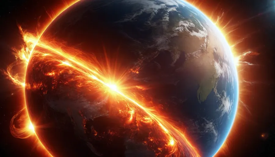 Space, planet Earth, Solar flare covering the Earth, The Earth is on fire, ultra realistic image, 8K
