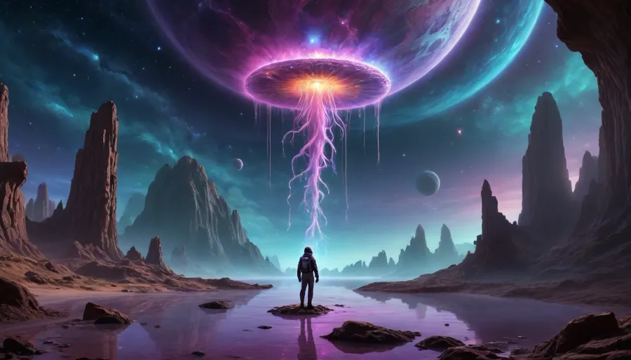Create a highly detailed, cinematic illustration of a surreal and mysterious cosmic landscape. The scene should feature a vibrant nebula swirling with neon blues, deep purples, and glowing golds, dotted with shimmering star clusters. In the foreground, include ancient, floating celestial ruins covered in intricate alien hieroglyphs, illuminated by an unknown light source. Add a massive, translucent planet with a glowing core hovering in the distance, casting ethereal reflections on a sea of liquid stardust. Incorporate surreal elements like levitating crystalline structures, drifting cosmic jellyfish with bioluminescent tentacles, and a lone astronaut in a retro-futuristic suit standing on a crumbling platform, gazing into the abyss. Use dramatic lighting, hyper-detailed textures, and a sense of vast, awe-inspiring scale to evoke wonder and enigma. Style, Hyper-realistic with a touch of surrealism, blending sci-fi and fantasy