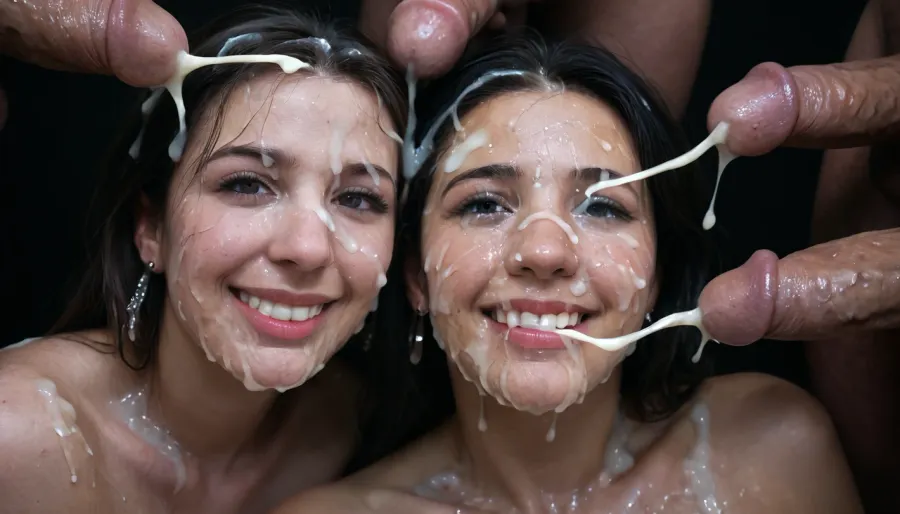 2 white mature women, smiling, eyes open, (Cum details), realistic cum, Prominent cum, (white cum:1.7), cum on, (Cum flows:1.2), (cum on body:1.3), cum on head, (cum on face:1.3), bukkake, ((body covered with semen)), black room, black background, cum, face, Face covered in cum, (A lot of cum:1.5), 3+men, surrounded by dicks, <lora:JustCum:.7>, <lora:cum_in_eye_deepmind:.8>