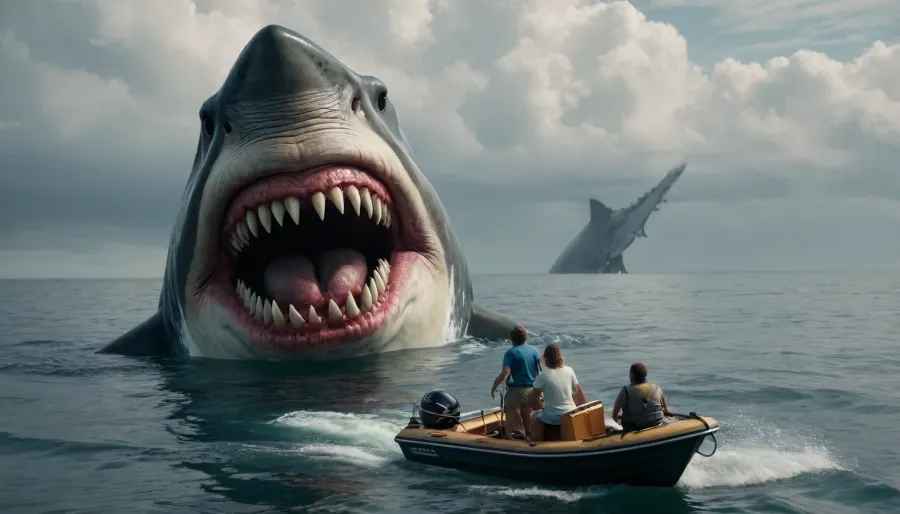 Megalodon chasing a motorboat with people, painted mouth, big teeth, photorealism, 4 K