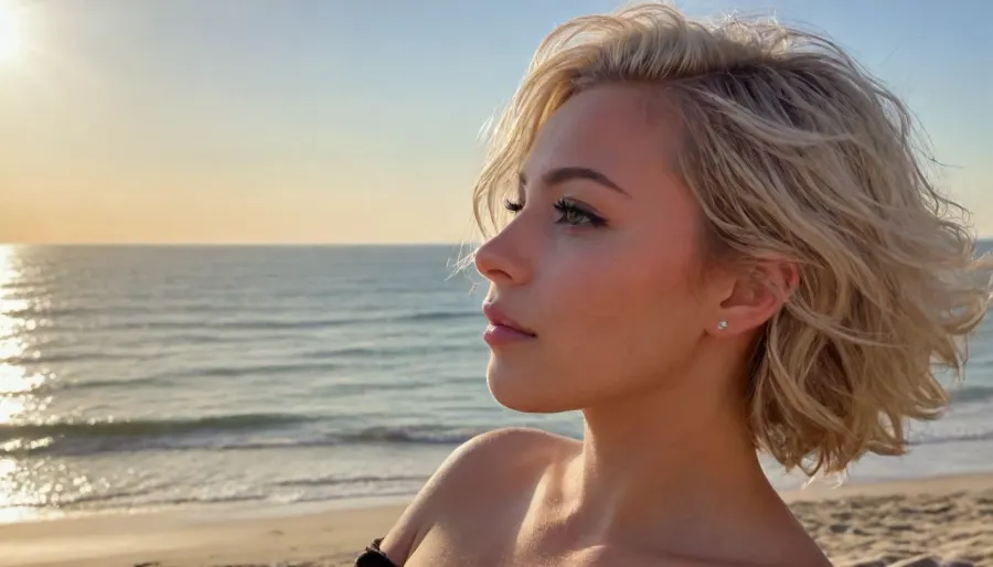 (masterpiece:1.2), (best quality:1.2), (ultra detailed:1.1), (8k, 4k, uhd, highres:1.1), (adorable girlfriend:1.3), (short cut silver blond hair, asymmetric swept back hair style, voluminous textured waves, loose strands of hair, luxurious hair:1.2), (reclining on beach, facing ocean:1.1), (admiring the view, squinting into sunlight, silhouette in profile:1.5), view from side, side view, strong direct sunlight, (natural breasts, soft breasts, pale breasts), (shallow depth of field:1.1), (bokeh:1.1), Canon EOS R5, EF 50mm f/1.2L USM, medium shot, (close-up on face:1.2), cinematic lighting, vibrant colors, realistic skin texture, (intricate details:1.1), (photorealistic:1.2), no blur, sharp focus, (rule of thirds, excellent composition:1.4), (natural skin texture, natural hair texture:1.1), (youthful appearance:1.1), ziprealism, igbaddie, <lora:igbaddie-XL:.8>