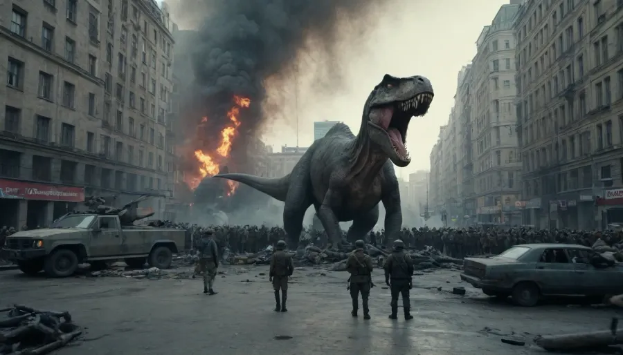 Two tyrannosaurs in the center of the city, a lot of military equipment and soldiers, people scattering, around the wreckage of buildings, photorealism, 4K, <lora:dark slav suburbs_v0.0.1-15:.5>, <lora:crowd_notrigger:.8>