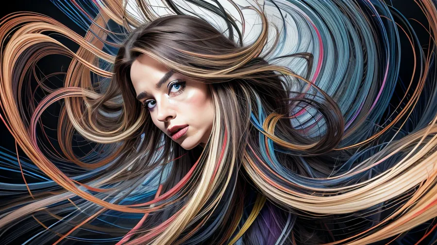 a coquettish woman with a very long hair, chaotic swirling, scribbled lines, surrender, polychromatic