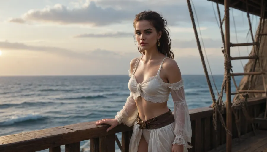 A fearless pirate captain with a scar across her cheek, standing on the ship’s bow, stormy seas behind her.