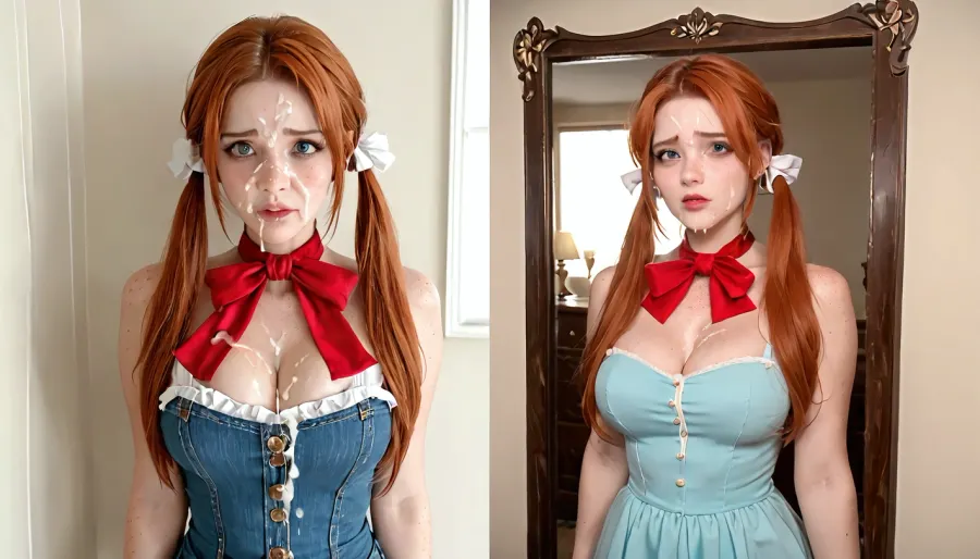 There are 2 photos in this 1 picture a Before and after style picture of a Ginger woman, 35 year old, extra curvy, freckles, huge saggy natural tits. lots of freckles all over her body, extra freckles on the cheeks of her beautiful, (detailed face), ., (photo 1/2), she's fully clothed, dressed in a born again denim dress her hair is down and she is smilling innocently., (Photo 2/2), its a portrait of her tits and face completely covered in thick white cum loads, (focus on tits), . Her hair is in ponytails. She looks scared and sad, her mascara is running down her face. A man is forcefully pulling her pigtails and making her look in the mirror while he laughs. Cum all over her face and tits, bukkake boobs her face too, bukkake, cum, legendary, tits, xl, <lora:MS_Real_XL_Bukkake:2>, <lora:Legendary Tits XL:.8>, <lora:580159_training_data:.8>