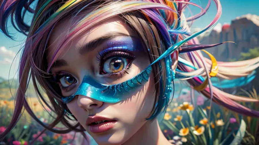 masterpiece, ultra-detailed, abstract style cute, smoke, in the sky, colorful and vibrant, mystical colors, contemporary, impressionism, iridescent perspective view, worm's-eye view, sweeping circling composition, large beautiful crystal eyes, big irises, UHD, HDR, 8K, the most beautiful portrait in the world, a topless slender woman with a very pretty coquettish face, non-representational, colors and shapes, expression of feelings, imaginative