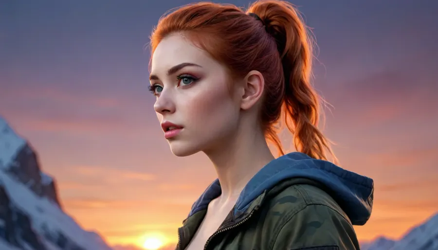 a digital illustration, a beautiful slender adult woman, she is in a fighting stance in the frozen mountains, she wears a blue camouflage jacket and black briefs with black straps, she has a very pretty coquettish faded face, long red hair tied in a high ponytail, elaborate hairstyle, small breasts, highly detailed crystal eyes, light glowing irises, heartshaped lips, lip gloss, aroused skin, exhales, the background is a gradient of orange and yellow, dramatic sunset, long shadows, fighting mood, detailed photo, photorealistic photo, realistic pretty women photo, night vision, soft fokus, parallax, overexposure, worm´s-eye view from side, #©KITTYART