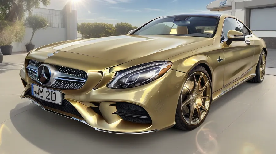 mercedes benz car, glossy bodywork in the sun, sunny parking lot, gold bodywork, only this car is visible, high resolution image, 22 inch rims, bird view, gold paint finish, sun's reflection in the paintwork visible, the sun is reflected in the paintwork