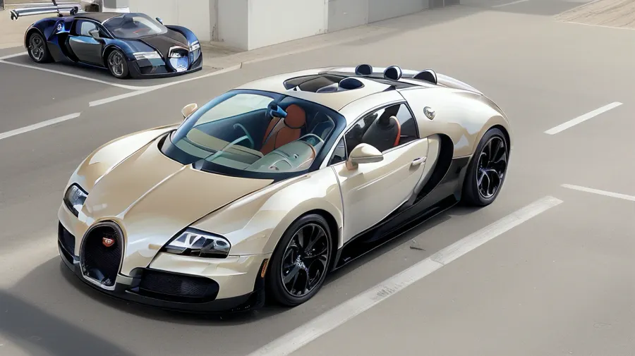 bugatti veyron, shiny bodywork in the sun, sunny parking lot, only this car is visible, high resolution image, 22 inch rims, front view bird's-eye view, shiny paint finish, sun's reflection in the paintwork visible, the sun is reflected in the paintwork, mirror by bodywork