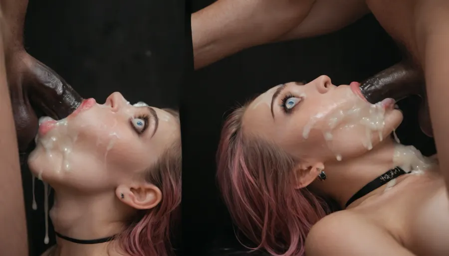 (spitroast:1.6), side view, (missionary:1.8), (gloryhole scene:.9), (deepthroat:1.2), (large cock:1.2), (black cock), (throat bulge:1.4), excessive cum, cum pouring out of lips, dark background, flash photography, wide eyes, mascara, cum covered face, eager, cum dripping, (excessive cum:.8), lots of cum, (cum:1.8), (shaved sides:.6), pink hair, black choker, perky tits, teardrop breasts, (upside down:1.1)