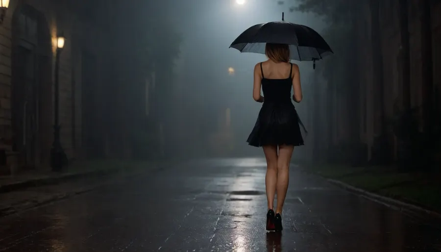 girl, in a black dress and with an umbrella, on heels with stilettos, rain
