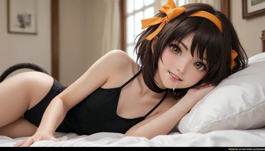 Haruhi suzumiya: regina coniglietta con occhi dorati e fiocco arancione