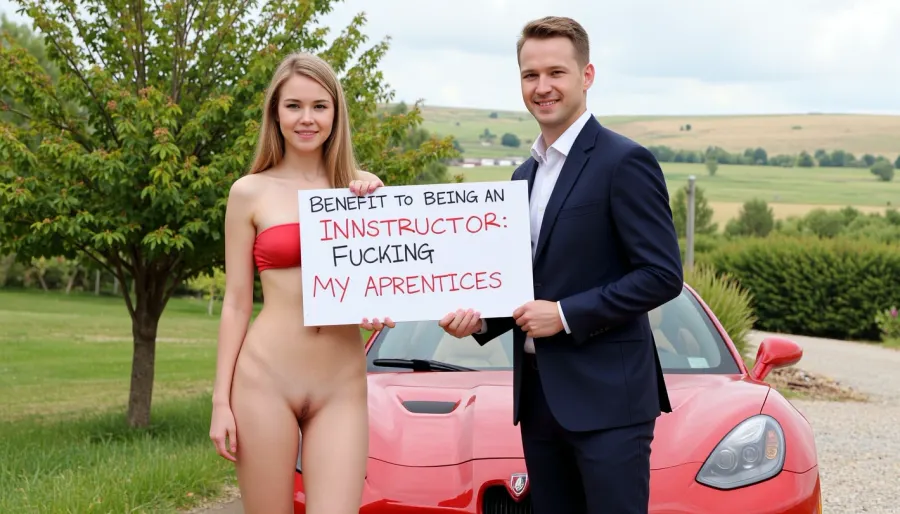 A petite young woman, (((wearing a short skirt and a short strapless crop top))), nonnude, blonde hair.
Next to her stands a man in a suit, holding a handwritten sign with text "BENEFIT OF BEING AN INNSTRUCTOR, FUCKING MY APPRENTICES". They stand in front of his sportscar in a nice landsape.