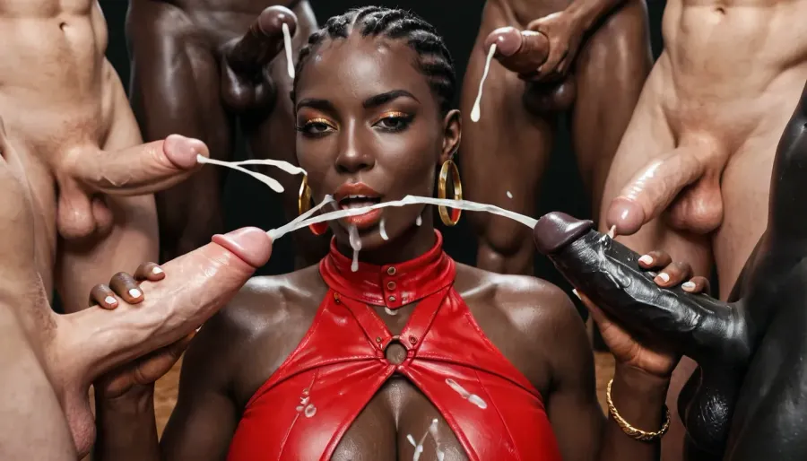 (ejaculation:1.6), handjob by black african man, wearing red leather thong, huge bulge, absolutely black skin, deep ebony skin, African, Nigerian, Nubian, (((absolutely black skin))), black room, black background, cumshot on the face of a beautiful white milf, surrounded by black dicks.