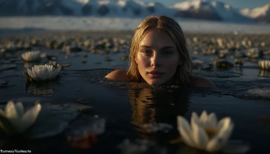 a beautiful, slender blonde woman swimming in the cold Arctic Ocean, perfect face, swimming through a sea of ​​water lilies covered in crystal-clear ice., (​​highly detailed water lilies covered in ice:1.5), The icy surroundings are full of polar colors. Icebergs and ice floes give the image a breathtaking natural setting, afternoon, backlight, Warm sunbeams mix with the cold blue and Turkish of the Arctic Ocean, ais-icebaby, made, of, Ice, Lagoon, sunlight_str1, vibrant, dream, pale, reality, <lora:302089_training_data:1.2>, <lora:Ice Lagoon:1.3>, <lora:sunlight_str1-SDXL_v1-dim64-steps1691:1>, <lora:vibrant_dream:.5>, <lora:MJ52:.3>