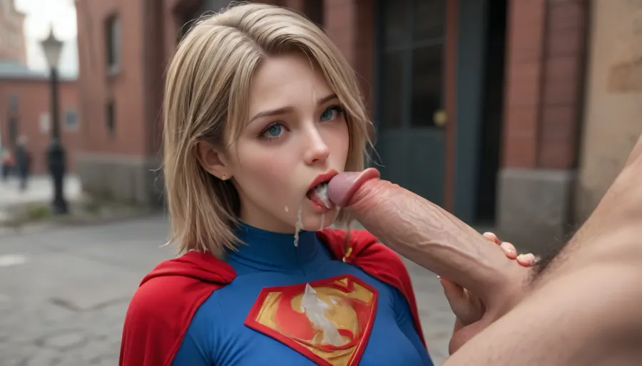 her body is covered with cum on face and tits, cum dripping from vegina, BlowjobTopofHeadPOVQuiron, pose, blowjob, penis, woman, with, a, in, her, mouth, Supergirl clothes, <lora:SDXL1.0_quiron_BlowjobTopofHeadPOV_V4.1mx_lora:2>