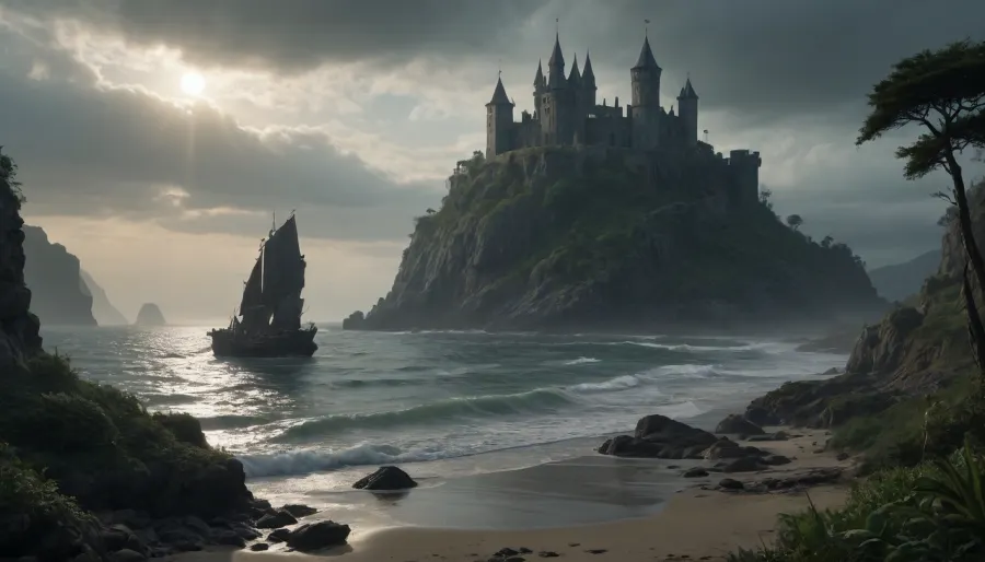 The action takes place on the ocean shore with vegetation in the style of a gloomy fantasy dystopia with a very detailed and atmospheric environment. The world is magically infected with glowing anomalies, perverted nature, and remnants of vanished civilizations. The lighting is unnatural, casting eerie shadows. The art style combines elements of medieval fantasy.