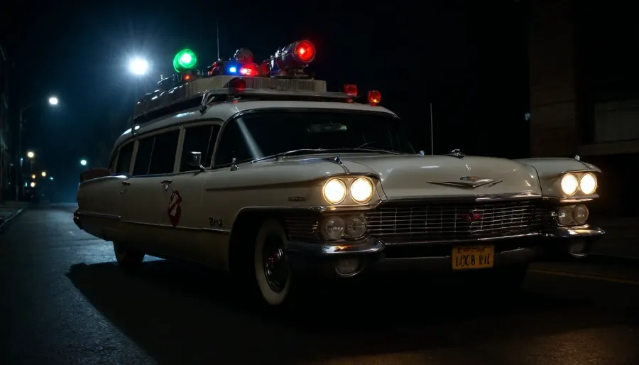 Ecto-1 roars durch Nyc Nacht: blinkende Lichter & Geschwindigkeitseffekte in dunklen Straßen