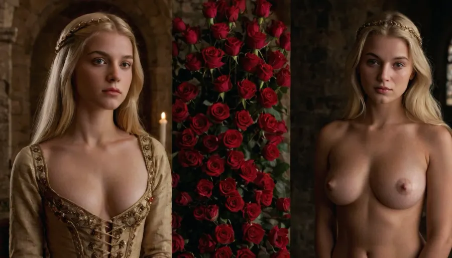 side-by-side two pictures of a young medieval courtesan, petite, blonde hair, onoff.
On the first picture on the left she stands in front of a, (tower covered in roses), wearing a simple medieval dress.
On the second picture on the right she stands in front of the same tower, but is, (naked, nude), ., onoff, <lora:OnoffXL_ExtraCrispy:.8>