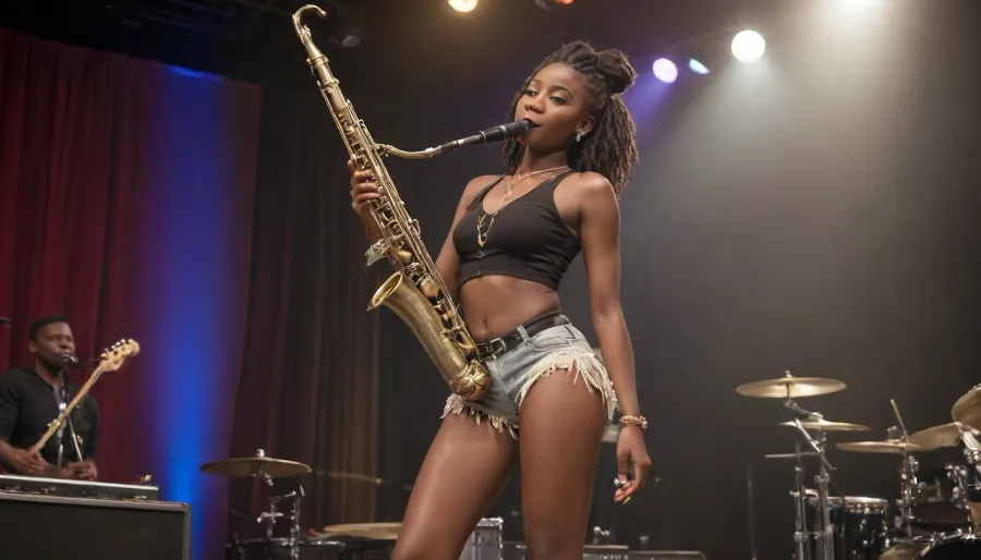 8K, masterpiece, ultra HD, ultra realistic, best quality, full body view, details, high quality, Perfect beautiful tall Nigerian 24yo woman, sensual, erotic, slender. elaborate african hairstyle, playing a bass clarinet in a jazzband on stage. Wearing a african short crop top, mini-micro thin shorts, Dr. Marten high top boots. standing tall with legs apart, waving the clarinet in the air, into a trance like state, into the rhythm, eyes smiling. Full body in frame, view from below, detailed club background.