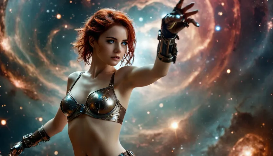 Robot steampunk woman, 25 year old, dancing in nebula, dance, galaxy background, raising one arm, fingering, view 3/4, extends herself, metallic bra, android, show nipples, mettalic panties, metallic stockings, show pussy, raw, Galaxy, Galakkz, glowing, eyes, <lora:style_lora_realis:.8>, <lora:Galaxy:.8>, <lora:SDXL_galakkz:.8>