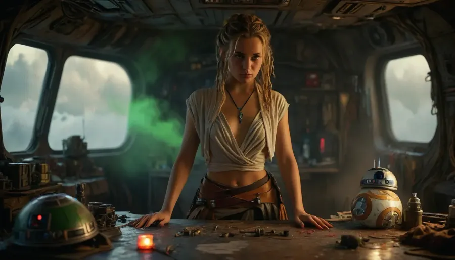 Star Wars Style, full body view of a female Jedi, repairing stuff at messy table, in a messy common room, inside Millennium Falcon, slender, slim waist, blonde matted dreadlocks, flat breasted, tanned skin, lucky charm necklace, beautiful brown leather belt, highly detailed Jedi costume, Jedi toga, perfect face, perfect hands, glass on table, extremely steaming green liquid, R2-D2, dejarik, 8k, high resolution, TIE, fighter, neon_style, cloudy, smoke, atmospheric, clouds, fog, <lora:TIE fighter:.8>, <lora:304304_training_data:.8>, <lora:MJ52:.8>, <lora:Cloudy_Style:1.1>