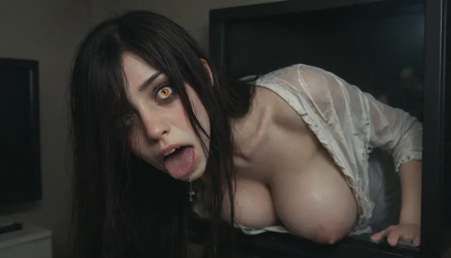 score_9, score_8_up, score_7_up, score_6_up, (animated, 2d, anime style), (((Sadako Yamamura))), 1girl, solo, long hair, black hair, very long hair, (mess hair), naked breast, torn clothes, impossible clothes, hair over eyes, torn dress, grey skin, impossible dress, yamamura sadako, hair over one eye, (((yandere, psychosis, possession, dangerous, crazy, psycho))), blush, (heavy breathing), steam, (bags under eyes), night, television, sweat, head tilt, cleavage, (massive veiny breasts, saggy), ((full body)), (night, dark room), (red glowing eyes), (((stuck in static tv screen))), glitches, lean forward, ((gothic style, dark theme, low light, cold colors, nightmare, horror)), (horror mouth wide open:1.3), excessive Saliva dripping, side view