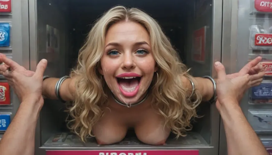 (40 years adult), (very happy:1.5), (she hold her thumbs up:1.5), (woman is stuck with her hips in a round hole with metal rim in a vending machine), (her bust is protruding from a round hole in the front of the vending machine:1.5), (stuck in hole with metal rim:1.3), (vending machine at night, slot for payment), (wide mouth spreader ring gag, gaping mouth:1.5), (leaning forward), (wide smile:1.5), (she needs it, pleading expression:1.2), (box is low mounted, close to floor), (score_9, score_8_up, score_7_up, UHD 8K, masterpiece, best quality, maximum details, natural light, extreme realism, cinematic still), (huge penis:1.4), (she stares at erect penis in front of her face:1.3), (POV from above, she is looking up to viewer, submissive), (POV man standing and looking down, man stroking his big dick:1.1), (upper body restrained to wall), (POV standing man, looking down on her:1.2), (mouth wide open), (dirty blonde Swedish woman, freckles, tanned), (tan lines), (iron rings restrain her upper arms to vending machine), (her arms are spread eagle against vending machine:1.8), (arms restrained with iron rings:1.8), (free-standing vending machine), (her face is covered in cum:1.6), (cum in her mouth:1.1), (bukkake, facial:1.3), (freckles, skin impurities), (transparent liquid:1.2), (realistic cum), (wet face:1.2), (oily skin:1.5), (stuck with hips in a round hole with metal rim:1.6), (long blonde hair, elegantly styled hair, long wavy hair:1.5), (eyes wide open in awe:1.3), (her mouth serves only one purpose), (she's got a new job, she's a public cum dumpster), (pink glossy lips:1.3), (shocking pink lips, pink lipstick:1.5), (eerie lighting:1.3), (smeared lipstick:1.3), (thick bimbo botox lips:1.5)