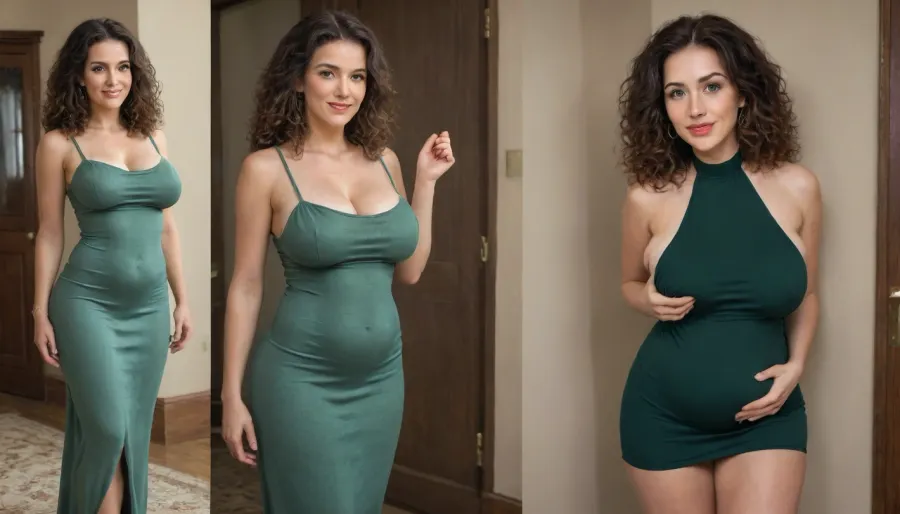 (sagging breast), (side view), (chubby belly), love handles, head turned, full body, super realistic, hyper realistic, hdr, random body position, very long hair, (milf), slim waist, (skinny build), long eyelashes, pink blushed cheeks, dark eyeshadow, glossy lipstick, thick curvy lips, sexy lips, wide eyes, navel piercing, perfect glossy skin, thigh gap, well lit, belly button piercing, Green eyes, smiling, (big ass), (heavy breast), (Stroking stomach), (in tight silk dress), (before and after inflation belly and breast), (from less to more)