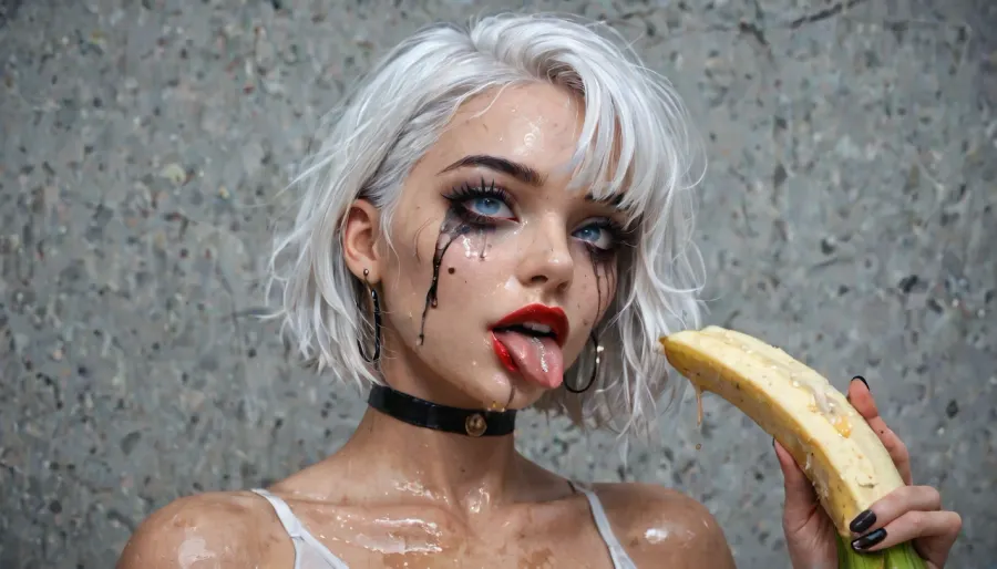 1girl, pale skin, blue eyes, short white hair, bangs hair, messy makeup, black eyeliner, (red lipstick), white skin, black choker, tan lines, extreme snatched waist, pencil waist, greek nose, hour glass body, oiled up, holding up banana, tongue out, aheago