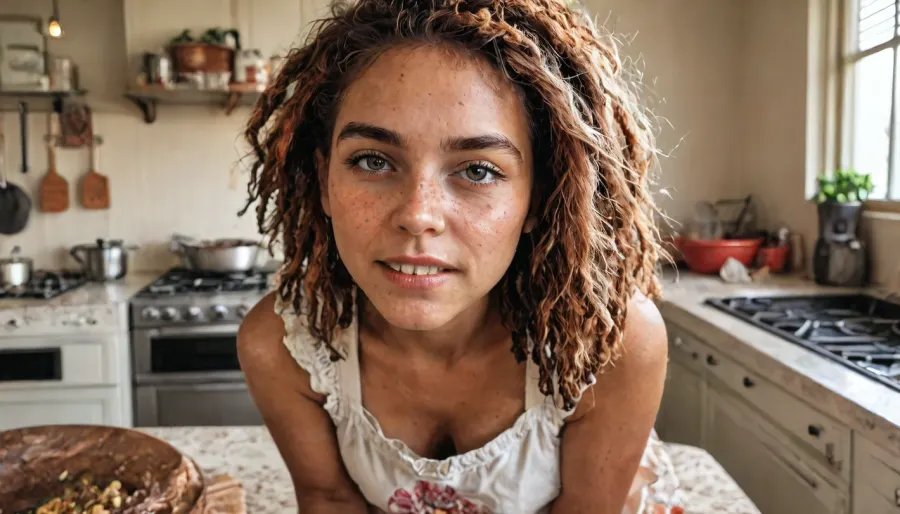 adult latina woman, (freckles:1.2), (ginger dreadlocks:1.3), (wearing apron only:1.2), (messy kitchen background:1.2), stove with food cooking, (seductive face:1.3), (playful bite of lip:1.2), (leaning over counter:1.2), (pov view:1.2), (intimate atmosphere:1.3), (warm kitchen lighting:1.2), (photorealistic:1.5), (cinematic atmosphere:1.3)