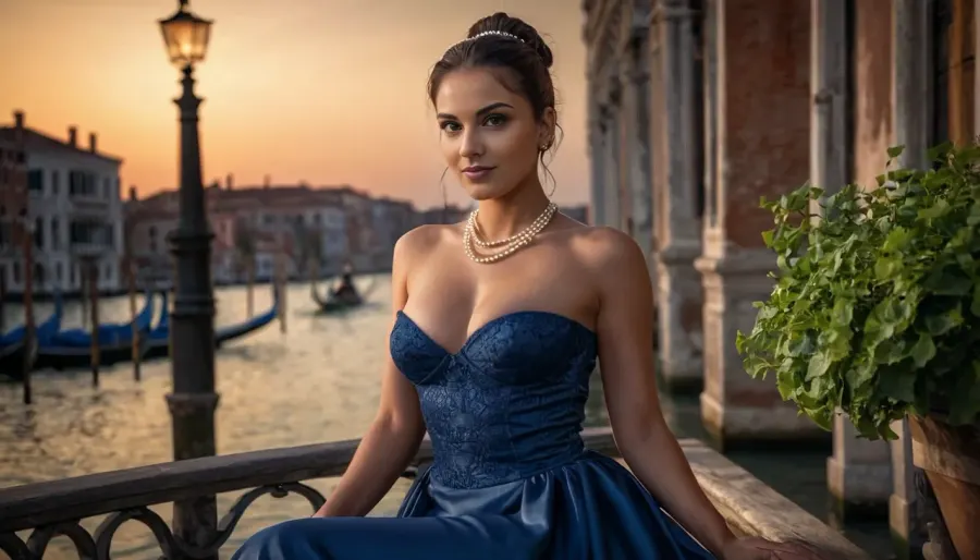 (HDR, 8K), (high quality photographie), (detailed eyes), (detailed skin), (ultra sharp), one only beautiful 30yo woman, (very small natural breast), (late evening time:1), long dark hair, hairbun, in a seductive blue evening gown with stockings, pearl necklace, sitting on a bench in a beautiful roof garden in Venice, (The Grand Canal can be seen in the background), no makeup, seductive smile, full body view, sunlight_str1, seductive look, <lora:sunlight_str1-SDXL_v1-dim64-steps1691:.3>, <lora:SDXLHighDetail_v6-000005:.5>, <lora:dark:.3>