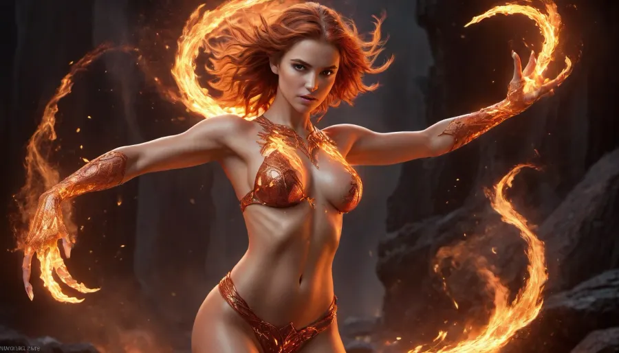 18+ adult woman, full body, completely nude, empowered by Emberflux flames — molten, flowing red-orange fire that behaves like liquid, wrapping around her arms and legs, forming temporary crystalline armor and sharp ember-like weapons, sparks floating around her glowing like living fire, illuminating her fierce confident expression, short windswept hair with fiery highlights, dynamic pose with one hand summoning molten whips and the other forming a shield of hardened ember crystals, glowing embers swirling around her body, background dark with swirling molten lava, floating ember particles, fiery smoke, and distant glowing magma rivers, creating a dramatic cinematic fantasy atmosphere, intense dramatic lighting highlighting her curves and the flames, highly detailed, realistic textures, fantasy concept art, fire reflections on skin and flames, fantasy warrior, elemental magic, 18+ adult look, NSFW nude.