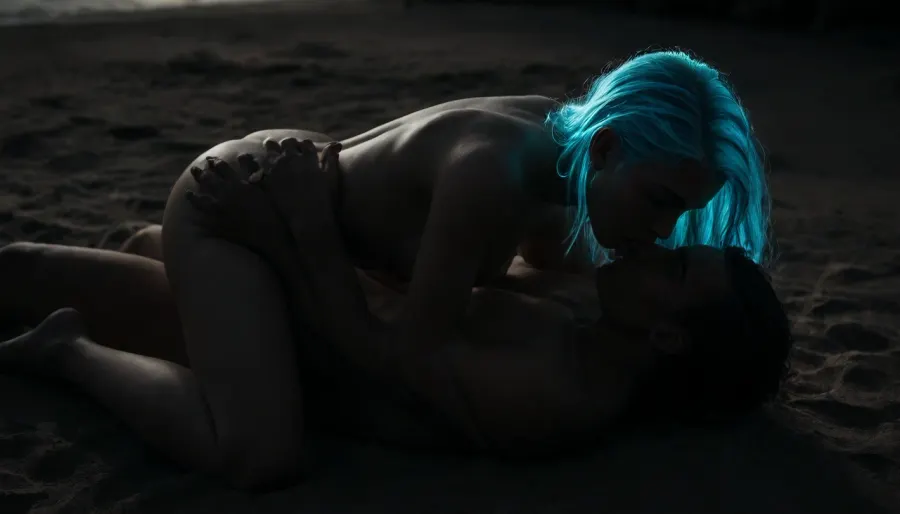 Young couple having, (oral sex), on beach, (strong man:1.5), (young girl:1.5), (lean girl:1.7), (shaved pussy:1.4), (((cunnilingus, sixtynine, blowjob, 69 position))), full body view with focus on girls head, natural sex position, natural light, super detailed, very detailed, masterpiece, happy and funny, girls blue bright glowing neon hair, hrglw, girls hair, (glow neon, <lora:glowing_hair-000006:1.5>, <lora:dark:1.2>)