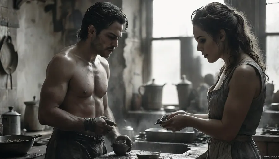 18 century, the young 26-year-old submissive sexy kitchen help is working in the kitchen with a male cook, sweaty, worn out, (a dominant male matured grim cook), male cook is touching her ass and tits, (grabbing her pussy:1.7), FRESHIDEAS, Real, Photography, 2#, Black, and, white, art, black, shading, charcoal, toned, brutal, dark, b/w, color, scheme, <lora:FRESHIDEAS Real Photography 2#:.6>, <lora:Black and white art.V1:.1>, <lora:MJ52:.4>, <lora:add-detail-xl:.9>