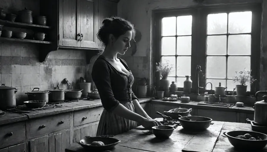 18 century, the young 18-year-old son exposes his malehood to his stepmother. She is working in the kitchen, she is excited as she realize his erection, FRESHIDEAS, Real, Photography, 2#, Black, and, white, art, black, shading, charcoal, toned, brutal, dark, b/w, color, scheme, <lora:FRESHIDEAS Real Photography 2#:.6>, <lora:Black and white art.V1:.1>, <lora:MJ52:.4>, <lora:add-detail-xl:.9>