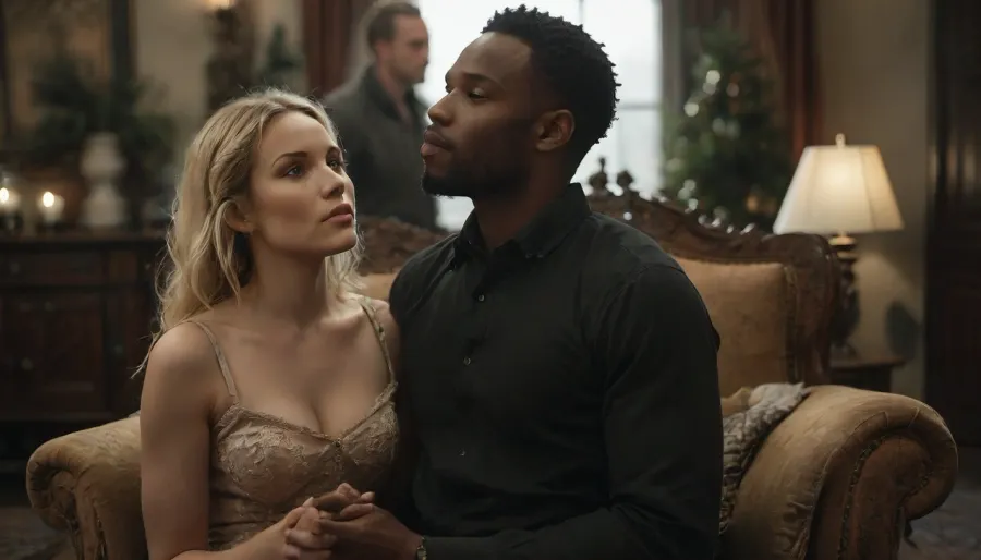 romantic ambient light, dining room, Christmas time, casual threesome, 20 years old European blonde female licking penis of 50 years old African man, breathtaking beautiful slender matured African wife supports blonde female, (elegant African man sitting in a comfortable armchair:1.6), (blonde female kneeling:1.2), blonde‘s head is just below the African man‘s Penis, (firmly grasps the hard cock and sucks devotedly and submissively the testicle:1), perfect finger, African man cumming, erected penis, penis licking, flat-chested, tanned skin, interracial, fully clothed, elegant dress, dress lift up, soaked hair, average bodies, domination, pushing head against penis, no shame, firm ass, feast on the table, Christmas decoration, perfect face, perfect hands, (a further man in BACKGROUND:1.9), (European blonde man), European man decorates the Christmas tree in background, 8k, photorealistic, realistic skin, FRESHIDEAS, Real, Photography, 2#, Black, and, white, art, black, shading, charcoal, toned, brutal, dark, b/w, color, scheme, <lora:FRESHIDEAS Real Photography 2#:.6>, <lora:Black and white art.V1:.5>, <lora:MJ52:.4>, <lora:add-detail-xl:.8>, 4ng3l, face, <lora:SDXL_BetterFaces-LoRA_v1:.8>