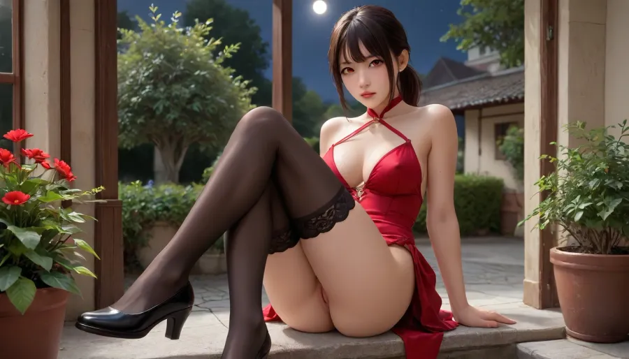 Night, date, date atmosphere, garden, asian woman, short black hair with ponytail haircut, beautiful red eyes, eye contact, full wet lips, short tight red dress, make up, black silk stockings, perfect legs in black stockings, front view, raised leg, tanned skin, juicy vagina, NEGATIVE_HANDS, green, eyes, blue, brown, perfecteyes, <lora:PerfectEyesXL:.8>, kooo123, koooenako, <lora:Enako_v1_XL:.8>, skirtlift, <lora:skirtlift_xl:.8>, breasts out, big boobs, large nipples, standing with one raised leg in stockings, crossed legs in stockings, pubic hair, black shoes and black stockings