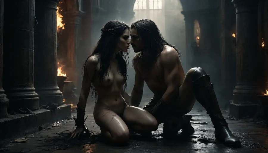 17 century, full body view, Betty is a skinny 18 yo girl with blonde hair, perfect pretty face, Betty kneeling submissive, (Betty is naked:1.5), Betty touches a knight warrior, (screaming and moaning proud knight:1.5), (knight has messy long black hair, wears amor:1.5), in front of a backdrop of an outstanding old mystical burning library, (maximum detail), (super realistic photo:1.4), (maximum photo quality:1.4), (maximum resolution:1.5), saturated, Black, and, white, art, black, shading, charcoal, toned, brutal, dark, b/w, color, scheme, <lora:MJ52:.8>, <lora:dark:.1>, <lora:saturated_colors:.8>, <lora:Black and white art.V1:.7>, <lora:Hell_Constantine_2005_-_Anime:.8>