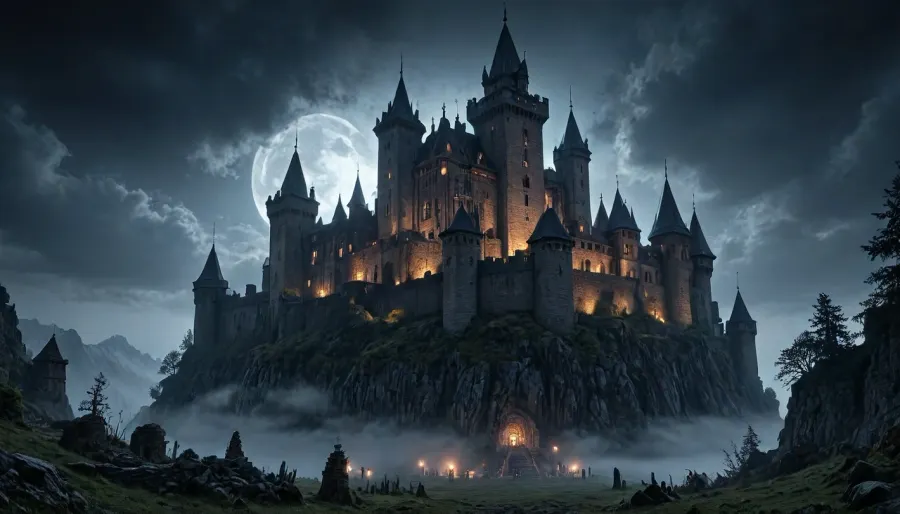 A huge menacing eerie and creepy medieval castle sits atop the mountain. It exudes a sinister appearance. moonlight shines upon its medieval walls. it is surrounded in dense heavy fog. a cold and unsettling silence lingers in the air. Every brick is visible, intricate detail, uhd 8k, masterpiece, best quality, award winning photo, beautiful artwork, dark atmosphere, <lora:Vivid Midjourney mimic - XL SDXL v2.0:2>, mw01out, <lora:Medieval_Worlds_outsidexl:.8>