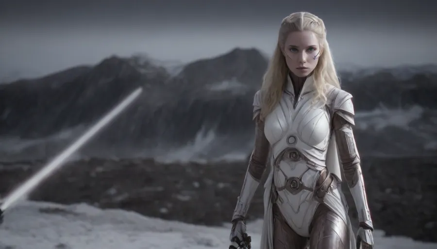photorealistic, sci fi, star wars, (planet Hoth:1.8), (mountains in Hoth), fullbody, french woman, (white luminous eyes:1.8), walking, extreme length braided white hair, (droid skin:2.1), armour, android, ((General Jedi:1.8)), (ciber templar:1.3), artiangel, (white lightsaber:1.8), very, long, hair, hanging, dynamic, on, ground, bun, cover, General, Obi-Wan, Kenobi, cyber, templar, (view from above), <lora:554328_training_data:.4>, <lora:verylonghairv2:.5>, <lora:565986_training_data:1.5>, <lora:CyberTemplarXL:1.1>