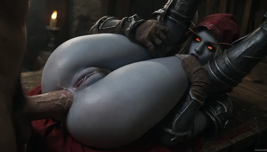 Cinematic still, UHD 8K, ((sylvanas windrunner from warcraft banshee, undead, worn broken black armor on the body and legs, smudged mascaraed, blue skin girle, dark pubic hair)), (orcs anal sex with cum), sperms flow on ass and pussy, legs thrown over head, <lora:dark:.1>