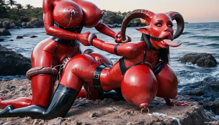 1 woman alien bimbo, (very skinny:1.4), (red tall woman:1.3), (on all fours:1.5), (red full body latex suit:1.5), (latex is iridescent:1.5), (Breasts covered in latex:1.5), (latex face:1.6), (Black latex stockings:1.5), (black latex corset:1.5), (black latex bra:1.7), very slutty face, (Giant swollen nipples:1.5), (tentacles enter nipples:1.6), very surprised, beach, outdoors, bdsm, close-up, ultrarealism, masterpiece, vaginal sex, long tongue, (creampie, nipple creampie, cum spurting from nipples:1.5), ((massive breasts:1.4)), (long horns, red eyes:1.5), (alien woman:1.5), makeup, narrow waist, glowing eyes, look at viewer, (ring gag:1.5), gagged, (absurdly huge puffy lips:1.6), excited look, (glossy red lipstick:1.2), high detailed face, thin, wide hips, Horse Pussy, (extremely swollen clitoris:1.1), (extremely swollen inner labia:1.8), ((hands grab boobs)), (Large Tentacles fuck her mouth:1.5), (very big tentacles fuck pussy:1.5), (tentacles penetrate boobs:1.6), rear view, rear focus, focus rear, Cinematic light, best quality, mega detailed, mega quality, high detailed, harness, garter, straps, cupless, bmbplora, tentacles, Latex, <lora:Harness_Straps_sdxl:.5>, <lora:bimboxl_02:.5>, <lora:MS_Real_XL_Tentacles:.5>, <lora:LatexXLv11:.5>, <lora:EnvyInfernalXL01:.8>