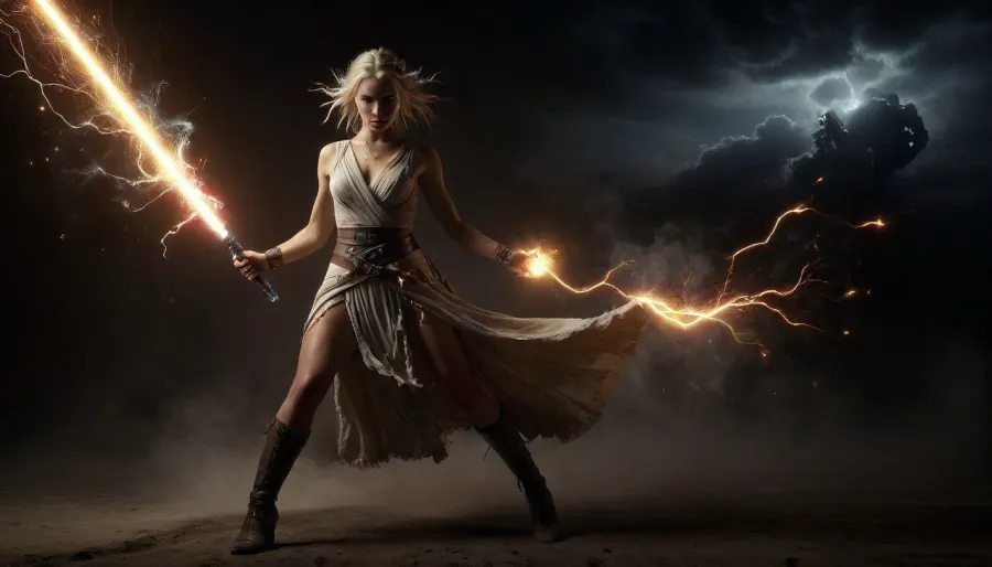 Star Wars Style, heroic full body view of a attacking Jedi Warrior, perfect face, fast movement lifting up toga inadvertently, showing her perfect pussy inadvertently, slender, slim waist, blonde dreadlocks, flat breasted, sweating, dirt, perfect tanned skin, lucky charm necklace, lightsaber, highly detailed costume, highly detailed face, desert, bright sunshine on sweaty skin, spaceport, millennium falcon in background, nuisette, a, lace, fur, dress, cloudy, smoke, atmospheric, clouds, fog, Explosion, Artstyle, face, mask, girl, scar, wings, glowing, armor, made, of, golden, and, blue, red, yellow, purple, lightning, thunder, trails, lthndrtrl, <lora:Cloudy_Style:.7>, <lora:Explosion Artstyle - Trigger is Explosion Artstyle:.8>, <lora:Clariss_The_Hot_Cyber_Warrior-000009:1.3>, <lora:dark:.1>, <lora:lightning_thunder_V1.1:.6>